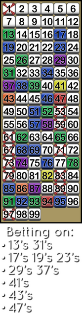 13/31, 17/19/23, 29/37 41s, 43s, 47s